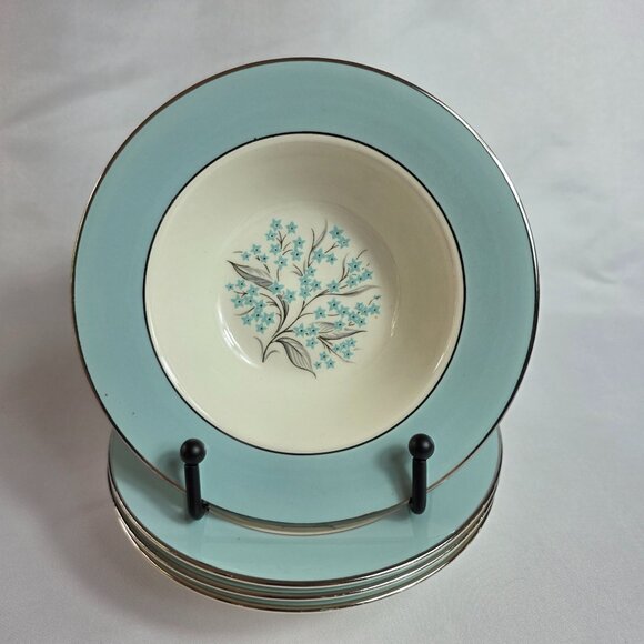 FOUR Sevron Blue Lace Rim Fruit Bowls Floral Center Aqua Blue Border - Picture 1 of 11